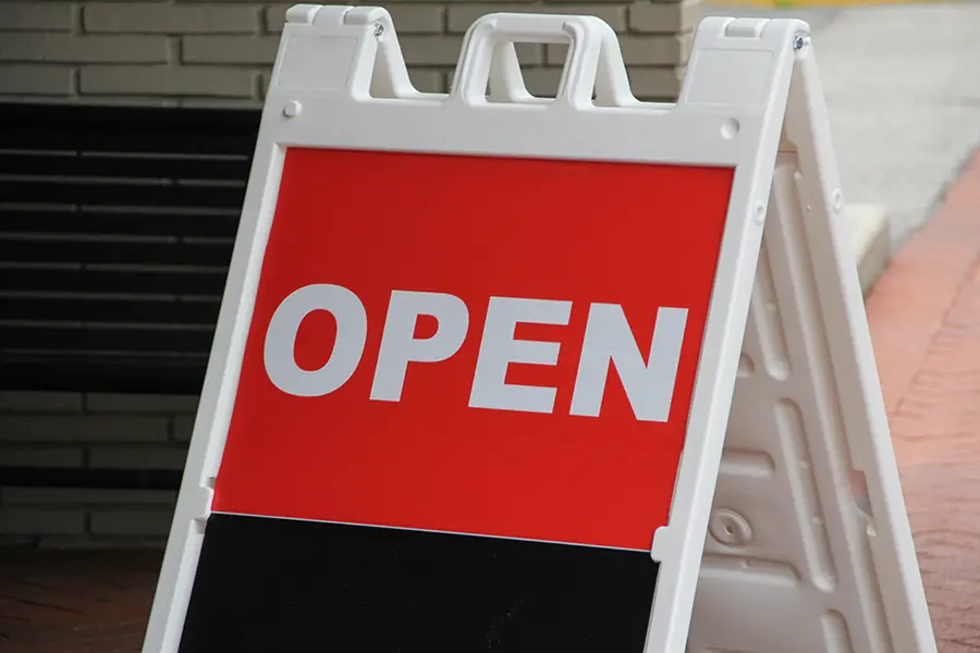 Swappable A-Frame sign with "open" graphic
